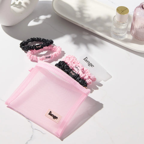 Small Satin Scrunchies 6 Piece Set - Black and Blush